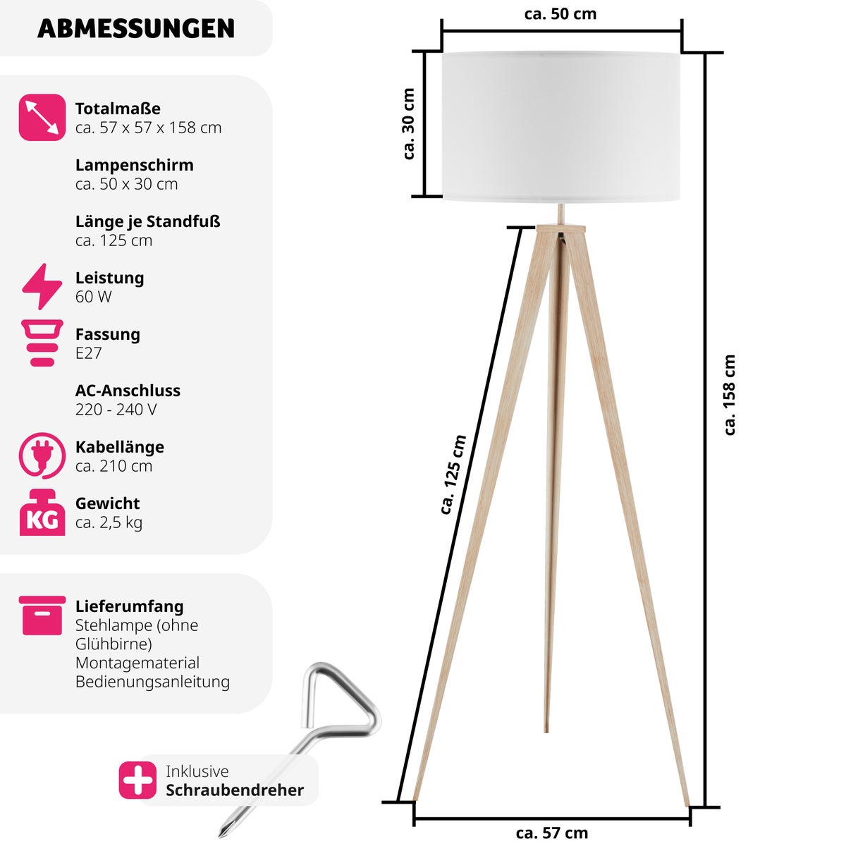 tectake Lunaris vloerlamp, statiefvoet van staal, 60 W, 57 x 57 x 158 cm