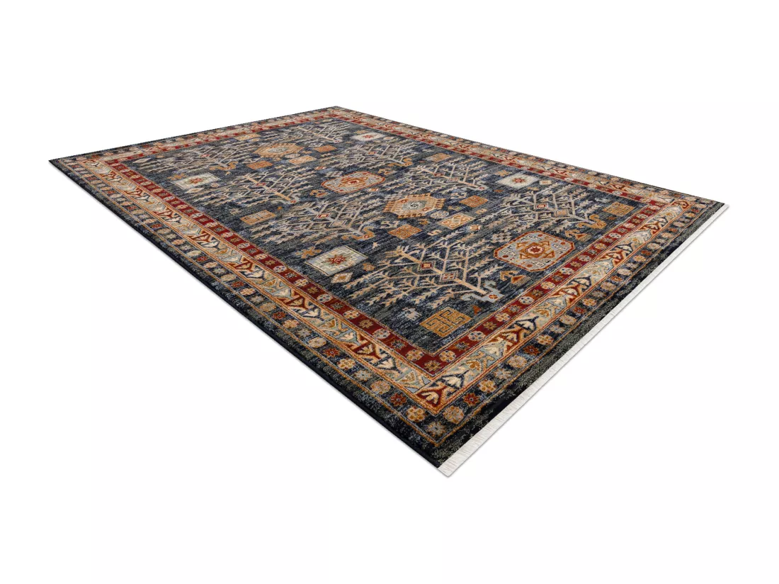 Tapis KESHAN franges Cadre oriental 6174/53511 bleu foncé / bordeaux 120x145 cm