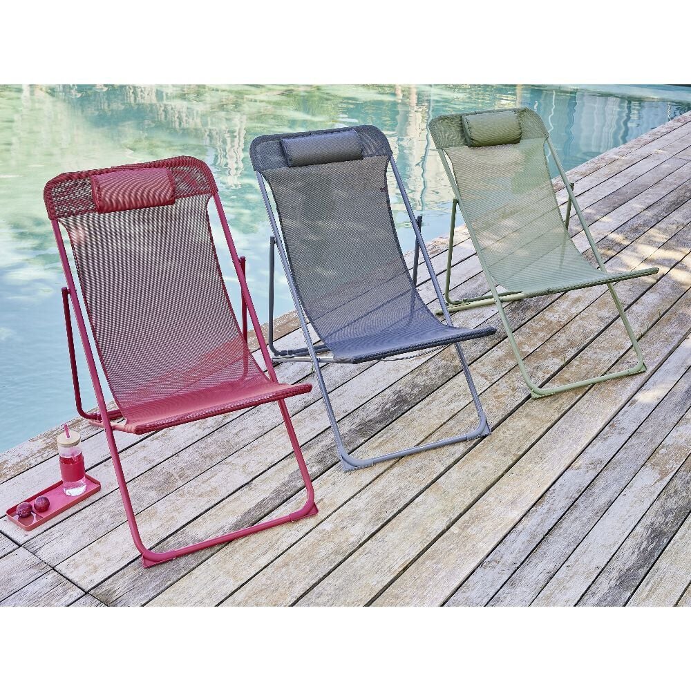 Chilienne Garden pliante avec têtière textilène rouge 56x82xH76/90cm