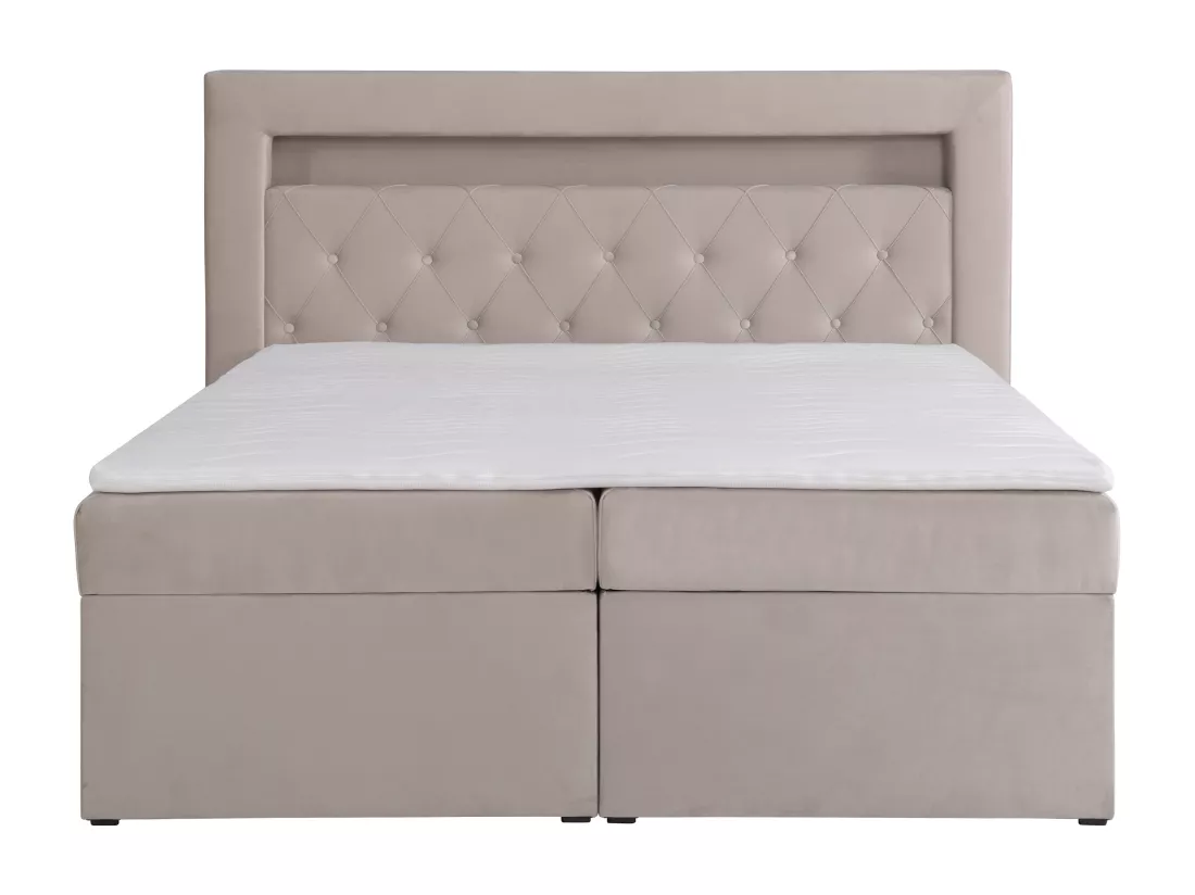 Ensemble complet literie déco tête de lit avec led + sommiers coffre + matelas + surmatelas - 180 x 200 cm - Velours - Beige - ORANA de YSMÉE