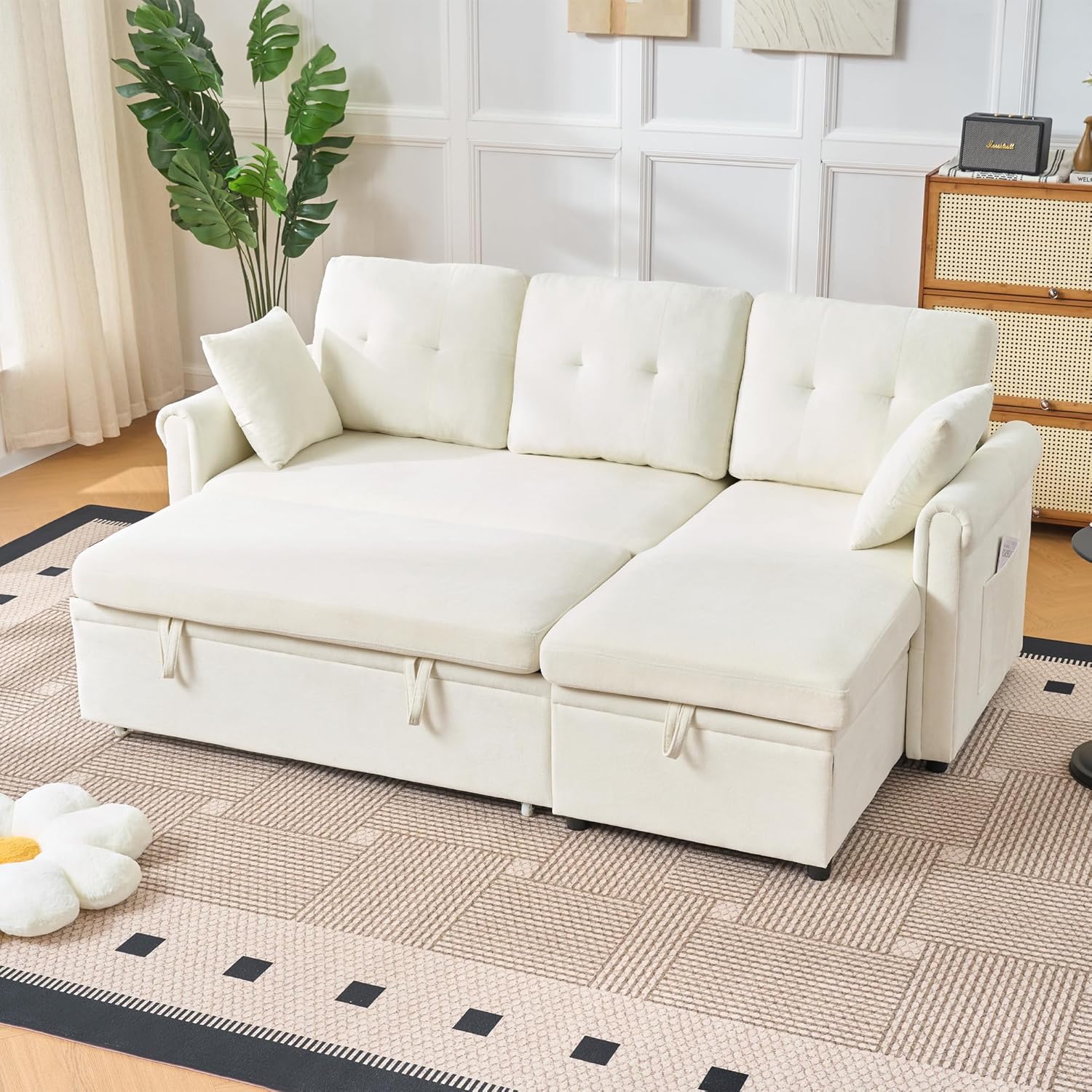 Merax Sofa Ecksofa mit Schlaffunktion, Praktisches Schlafsofa mit Bettkasten, L-Form Schlafcouch mit Stauraum&Seitentaschen, Links und Rechts austauschbar, Chenille, für Wohnzimmer/Schlafzimmer, Beige