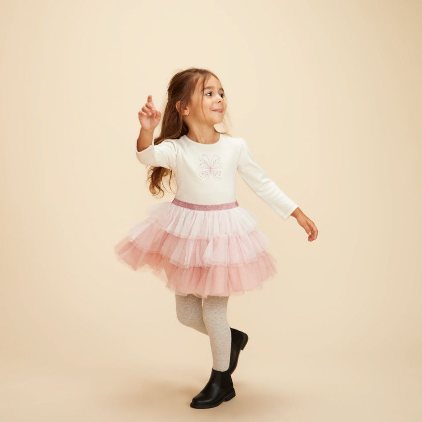 Robe effet 2 en 1 avec jupon en tulle pour bébé fille - Ecru