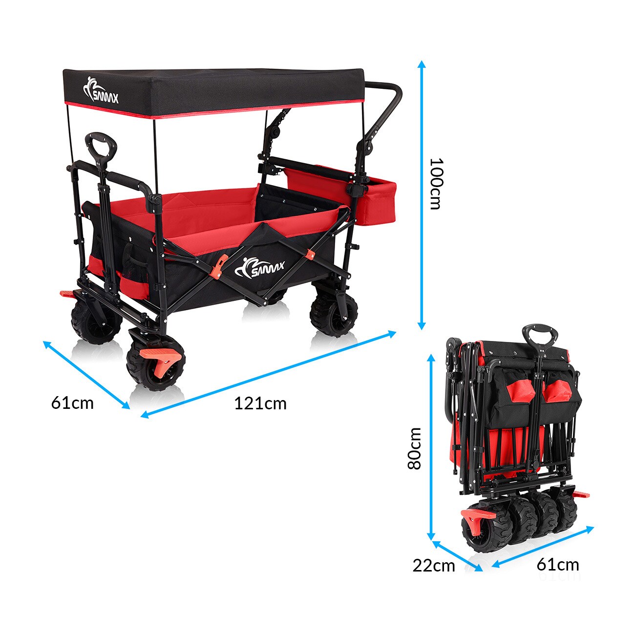 SAMAX Faltbarer Bollerwagen Offroad mit Dach - Schwarz / Rot