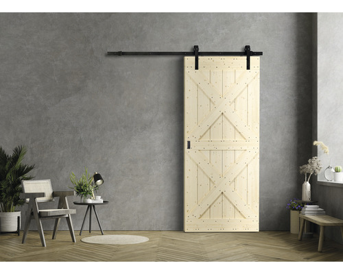 Complete schuifdeurset Barn Door Motif X Spruce 79x210 cm inclusief deurblad, schuifdeurbeslag en krukset