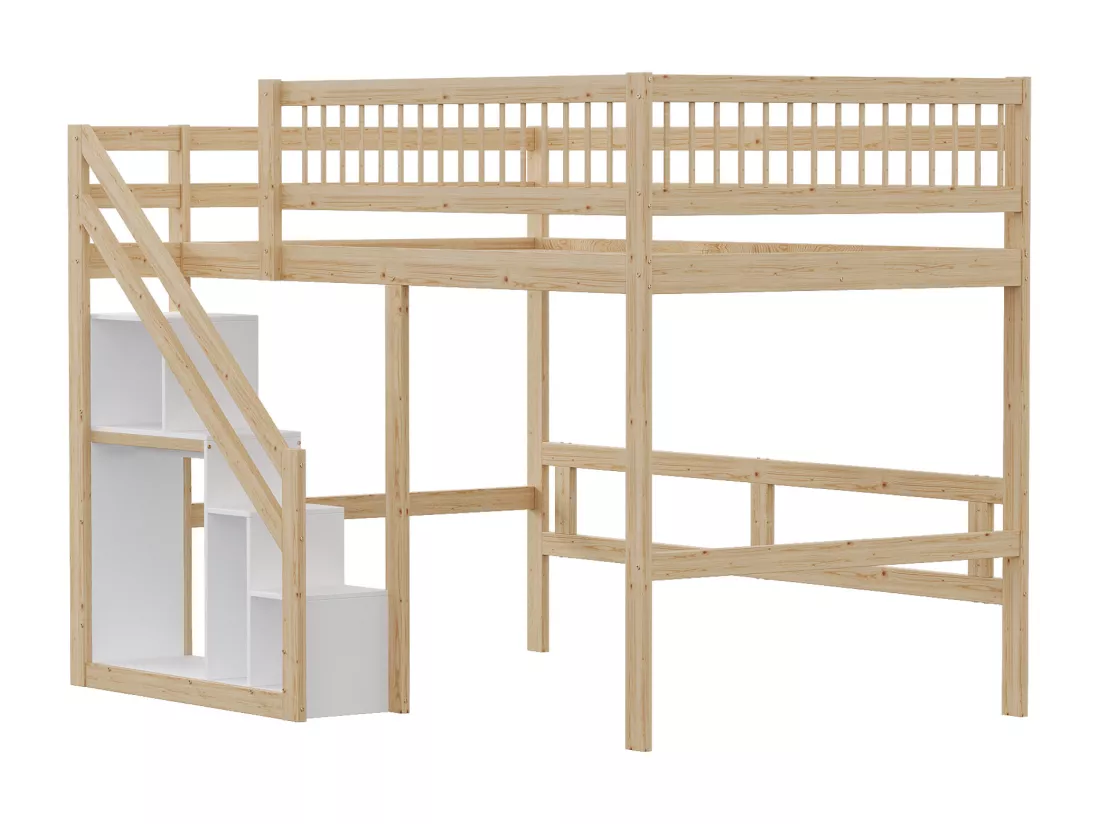 Lit mezzanine 140 x 200 cm avec placard de rangement - Bois massif + MDF - Naturel et blanc (sans matelas)