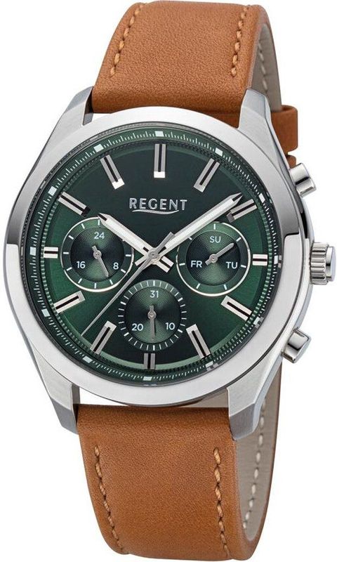 Regent - Herenhorloge - Analoog - Groen - Lichtbruin Leren Armband