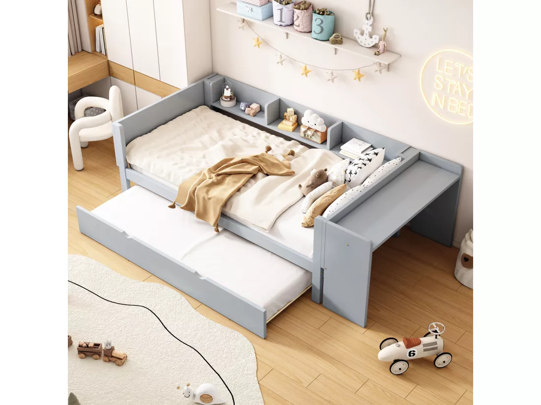 Lit gigogne 90 x 200 cm + 90 x 180 cm avec bureau et 3 étagères - bois massif de pin - sommier à lattes - gris