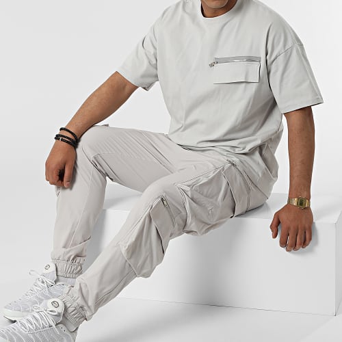 Ensemble Tee Shirt A Poche Poitrine Et Jogger Pant LL655 Gris Clair