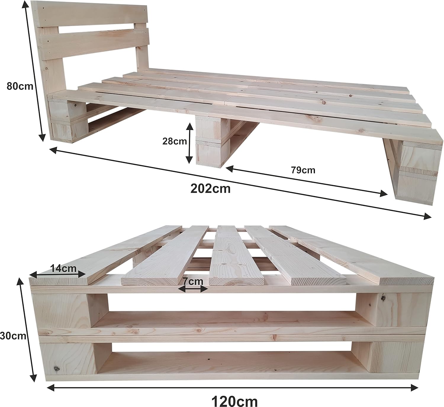 sunnypillow Palettenbett M2 aus Holz 120 x 200 cm mit Kopfteil und Lattenrost Stabiles Holzbett Seniorenbett Kinderbett erhöhtes Einzelbett Bettgestell Futonbett Komforthöhe Naturholz