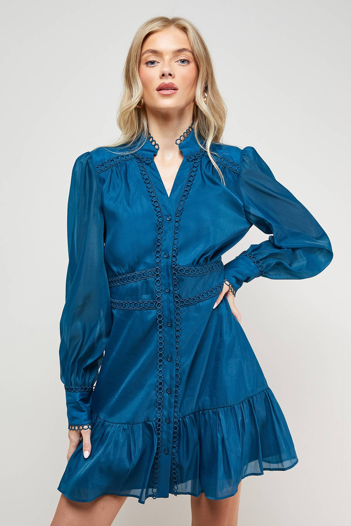 Oasis Robe Chemise Mini à Finitions Dentelle Organza