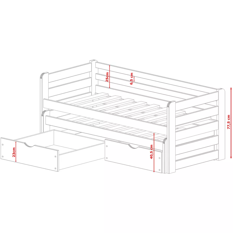 Kids Collective Einzelbett 90x200 mit Rausziehbett 90x190 mit 2 Schubladen, Rausfallschutz weiß