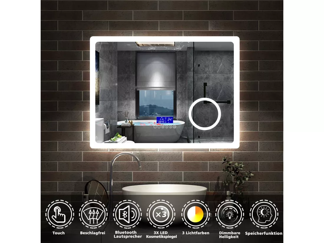 AICA Miroir salle de bain LED Bluetooth,80x60cm,grossissement 3X,horloge,dimmable 3 Couleurs avec anti-buée et mémoire