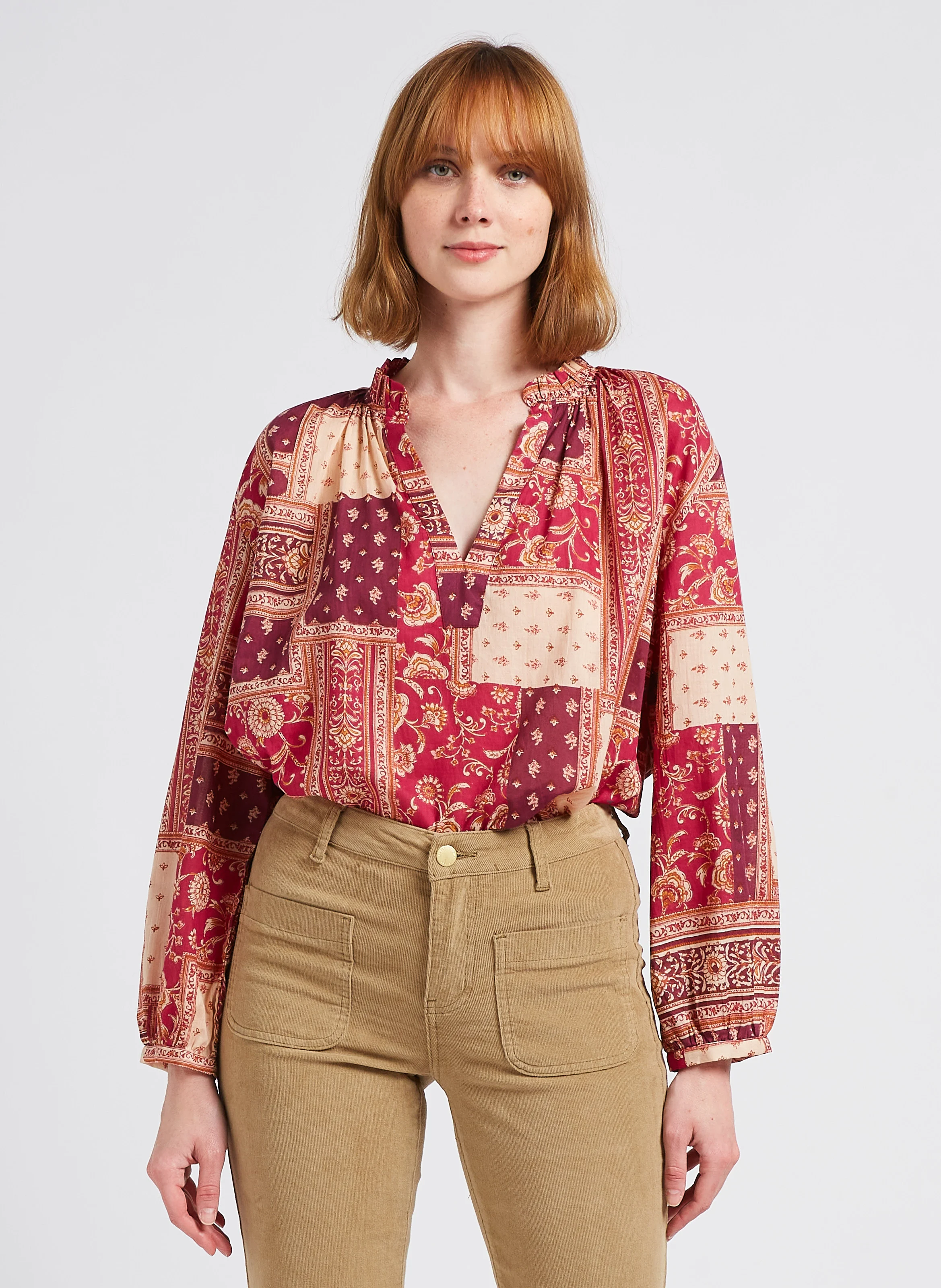 KIANA - Chemise fluide col tunisien imprimé en coton| Bleu