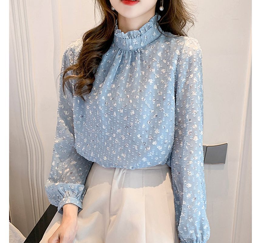 Everose - Blouse met lange mouwen, col, bloemenprint, volantrand en textuur