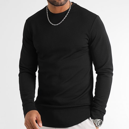 Lot De 2 Tee Shirt Manches Longues Texturé Waffle 0552 0554 Noir Beige Foncé