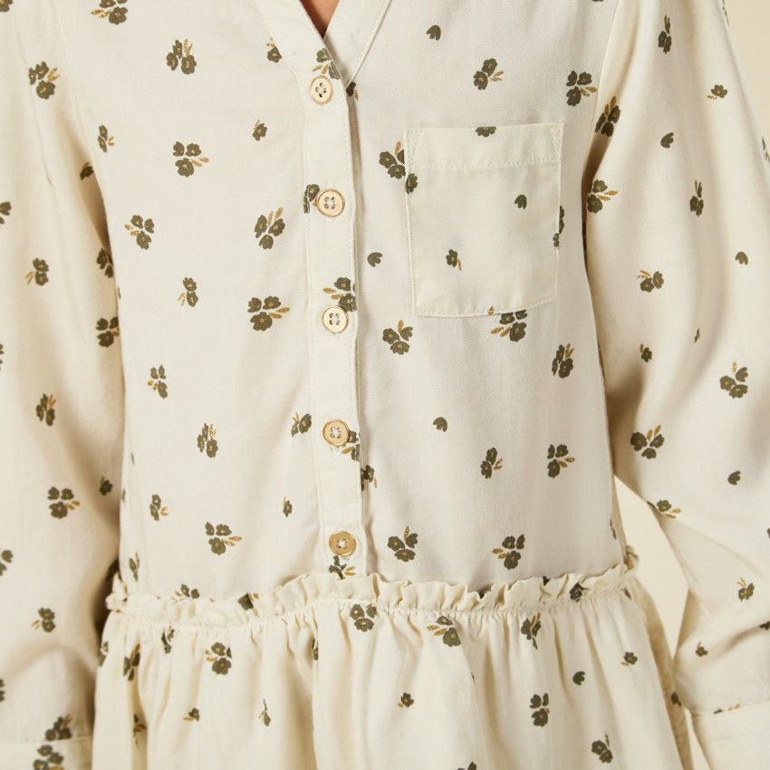 Robe manches longues imprimé floral pour fille - Ecru