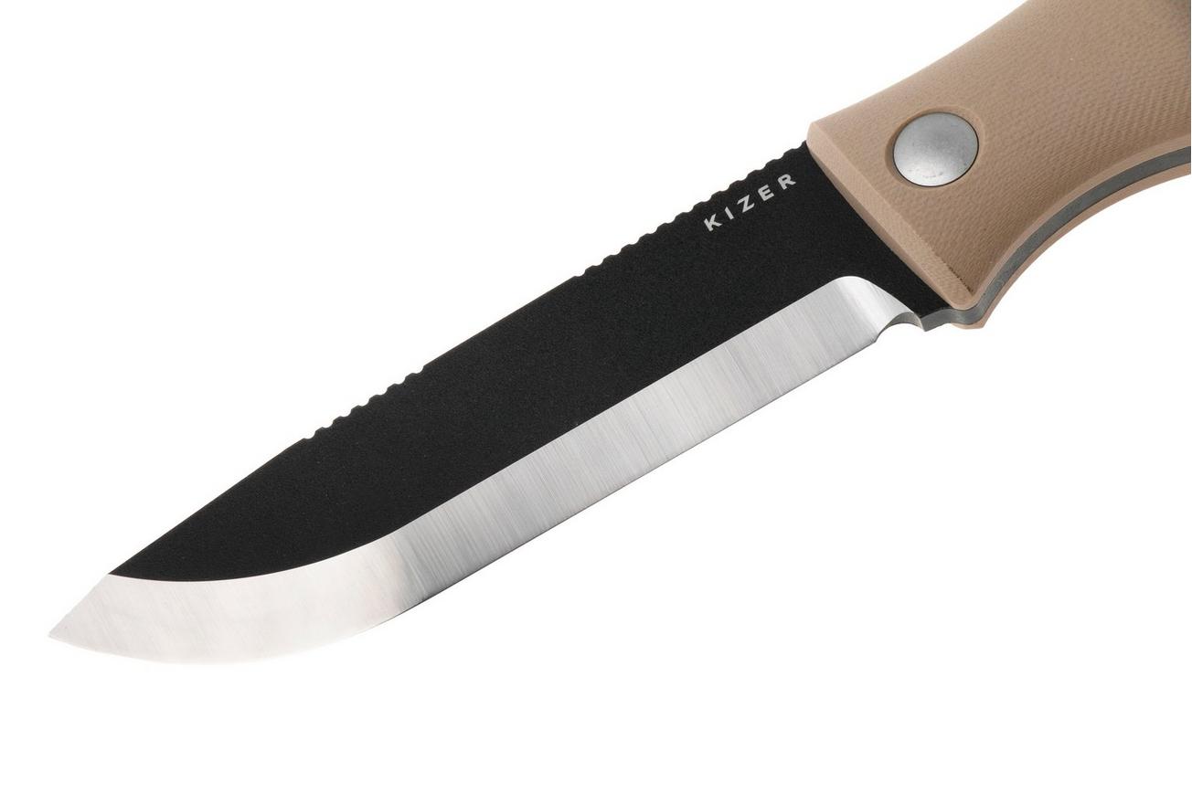 Kizer Polaris 1100A4, Black 1095 Carbon Steel, Tan G10 vaststaand mes, Azo design