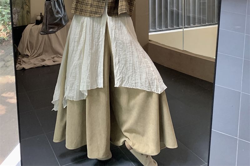 Trendycas - Asymmetrische blouse met wijde mouwen en wijde pijpen / Geruit vest / Hoge taille broek met wijde pijpen