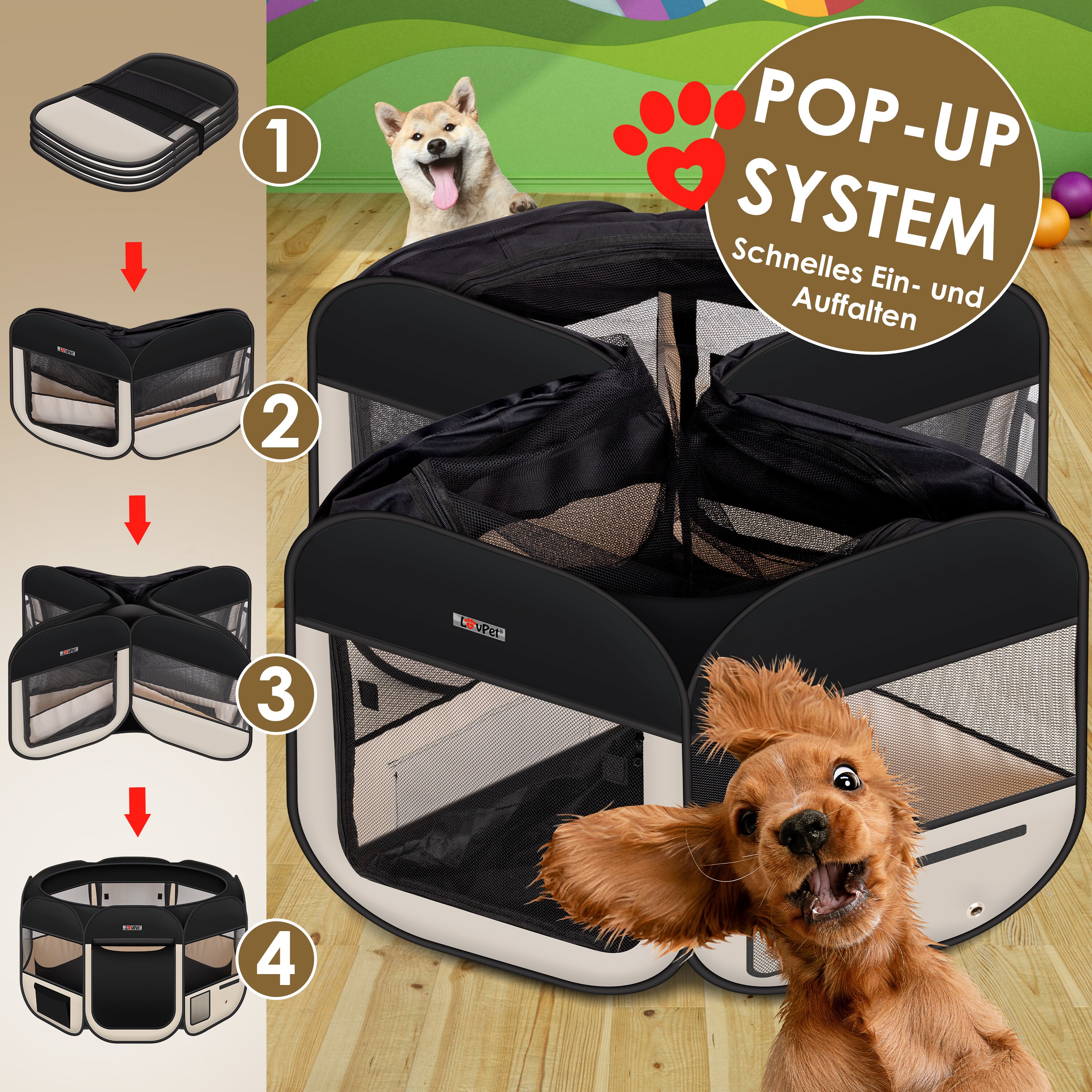 LOVPET® Welpenlaufstall Tierlaufstall Faltbar für Kleintiere Hunde, Katzen Inkl. Hundenapf Hundelaufstall Freigehege Oxfordgewebe Pop-up System Indoor & Outdoor