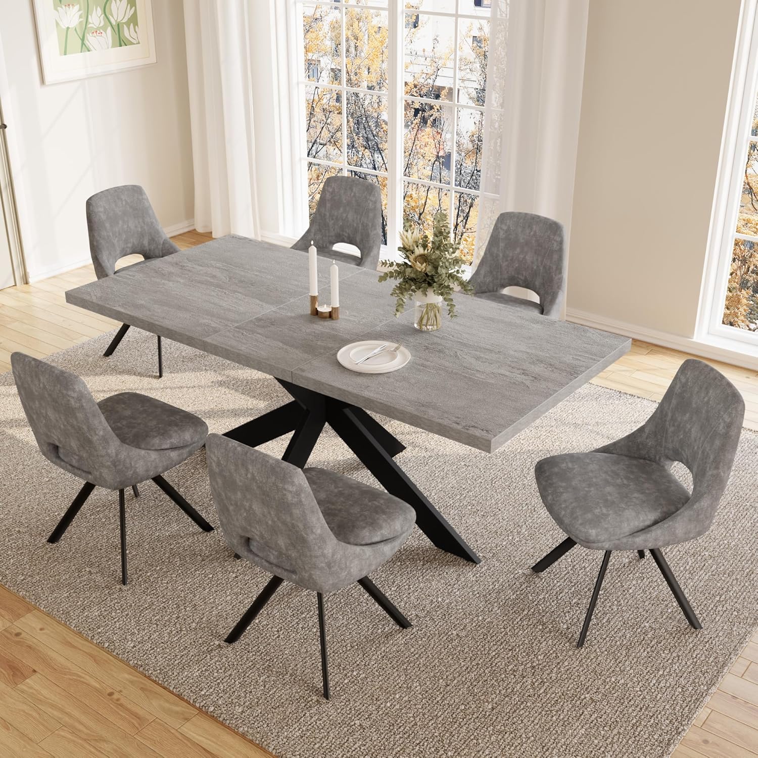 JIEXI Essgruppen Für 4-6 Personen, Esstisch Ausziehbar Mit Stühlen, Moderner Grauer MDF-Holztisch, Geeignet Für Wohnzimmer, Küche (130-170cm Tisch + 6 X-förmig Grau Stühle)