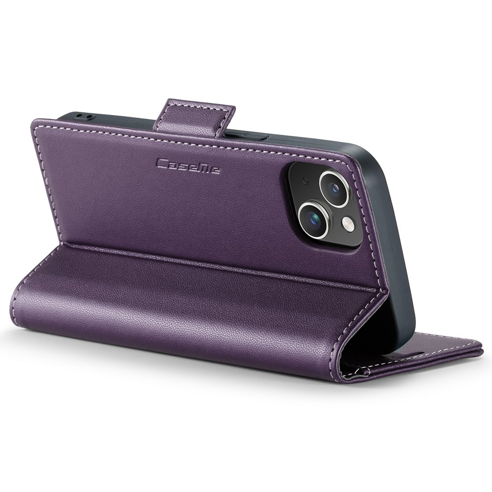 iPhone 15 Leder Tasche Flip Wallet Etui mit Kartenfächern Litchi Look (RFID Schutz) - Violett