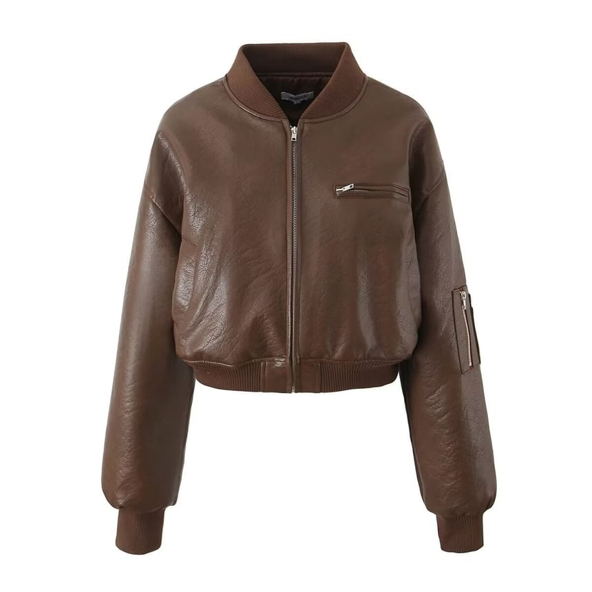 Avauntgardo - Effen imitatieleren crop bomberjack met rits