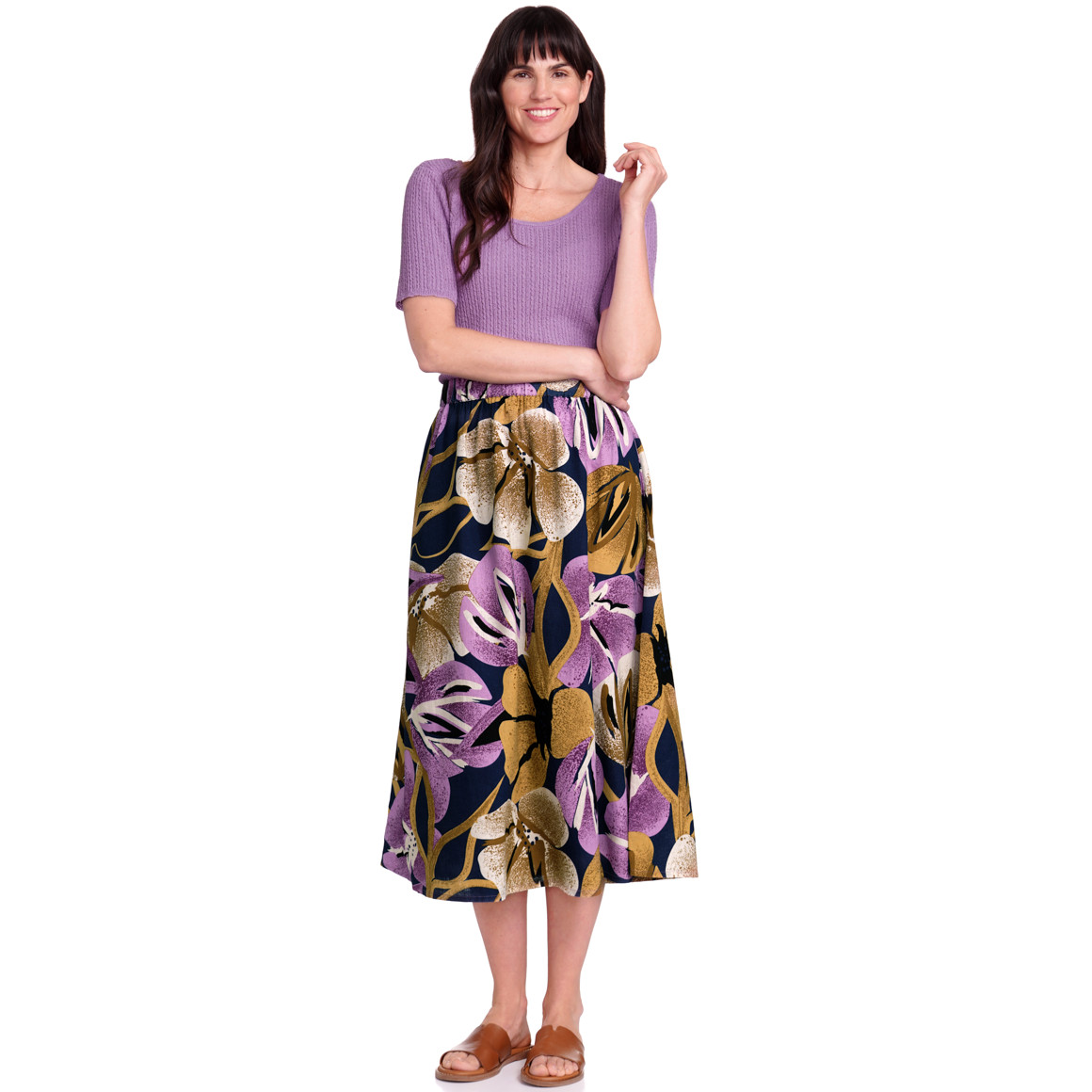 Gina Benotti Damen Leinen-Midi-Rock mit Allover-Print dunkelblau / helllila / beige