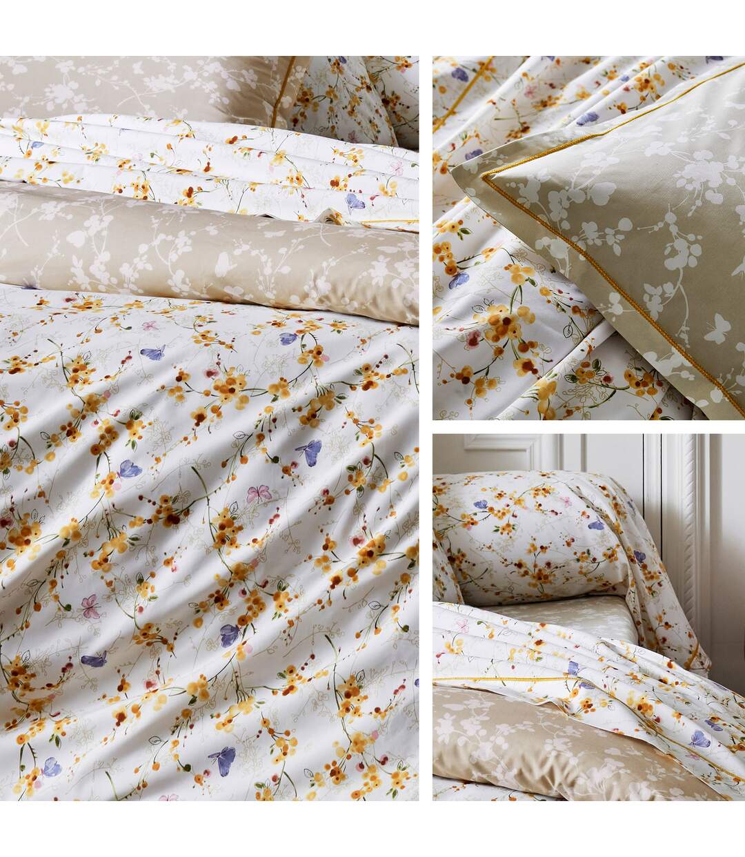 Drap housse imprimé 90x190 cm percale de coton BEL AMOUR beige Bonnet 30 cm