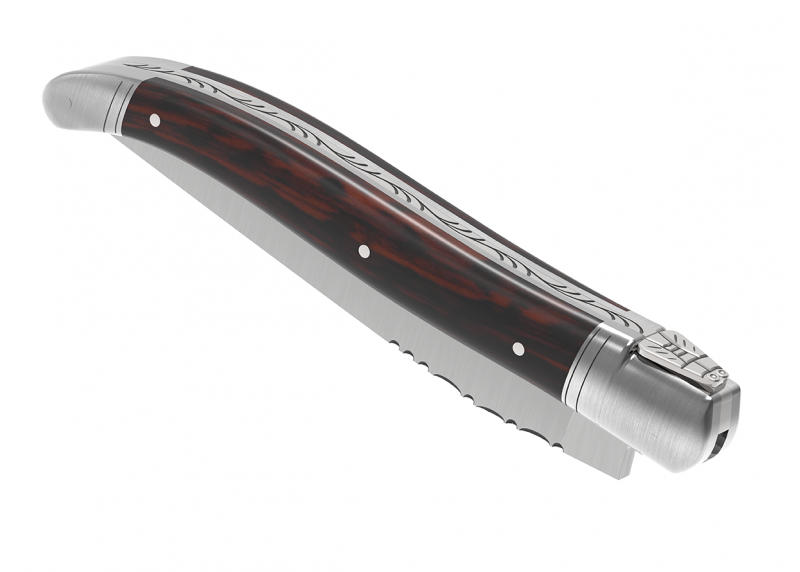 Couteau Laguiole avec un manche en bois d'amourette et 2 mitres en acier inoxydable