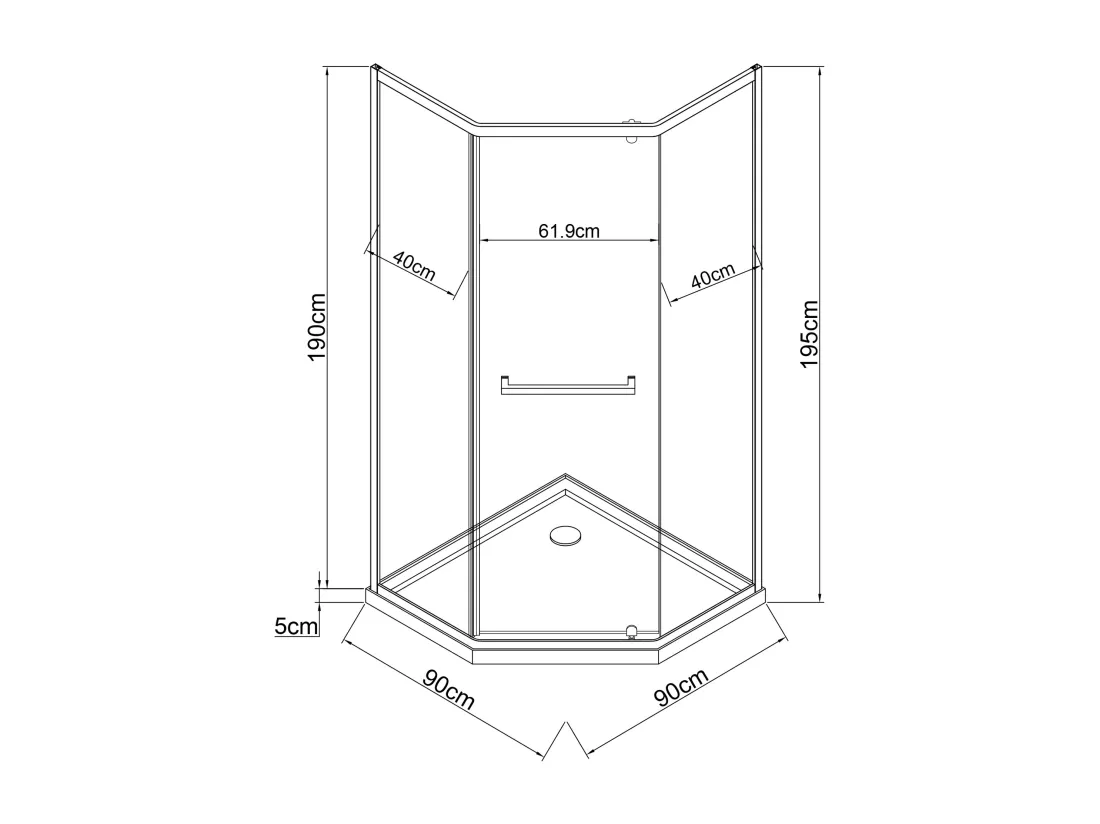 Paroi de douche pentagonale avec receveur - 90 x 90 x 195 cm - Noir mat - CRISTELIO