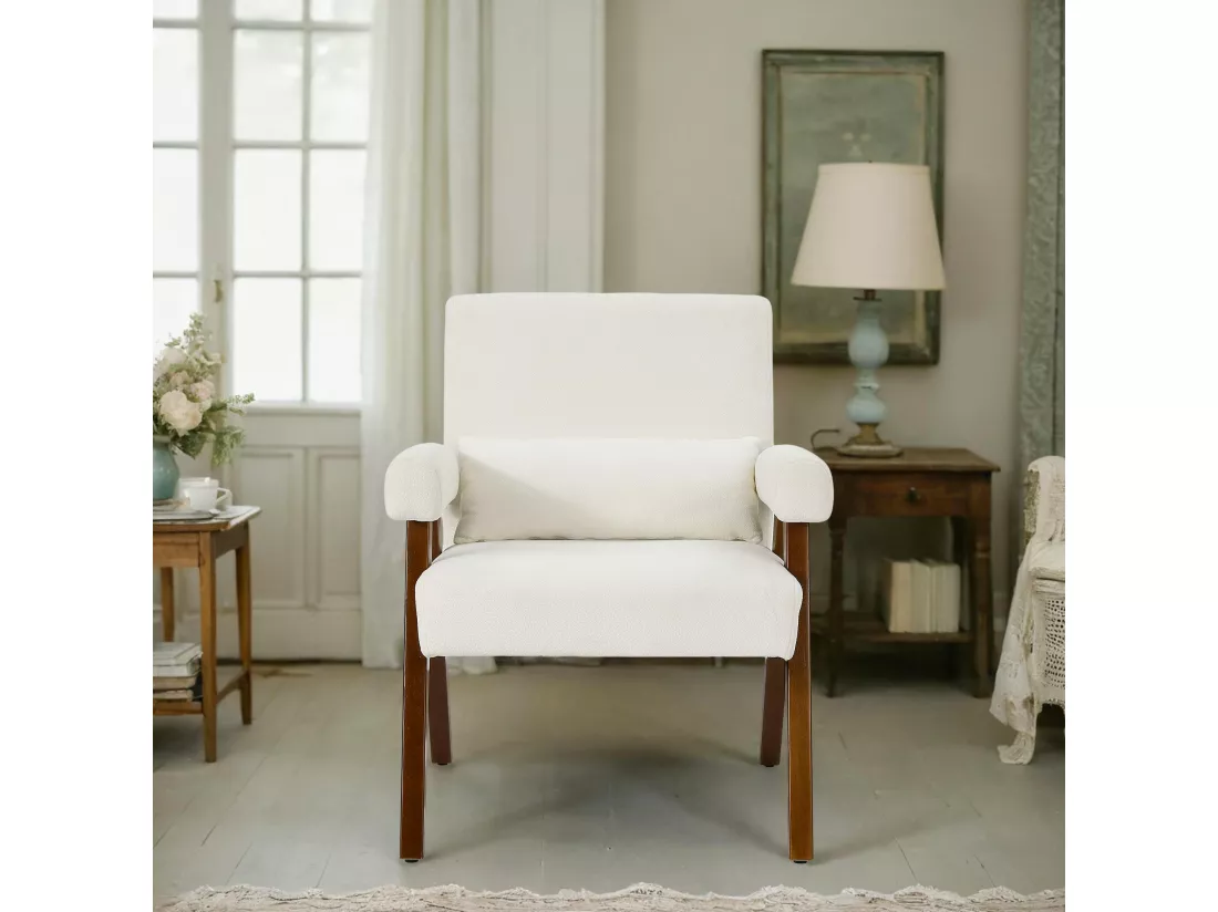 Fauteuil en Sherpa Beige - pieds en bois massif - avec accoudoirs rembourrés - charge max 125kg - 73x68x83cm