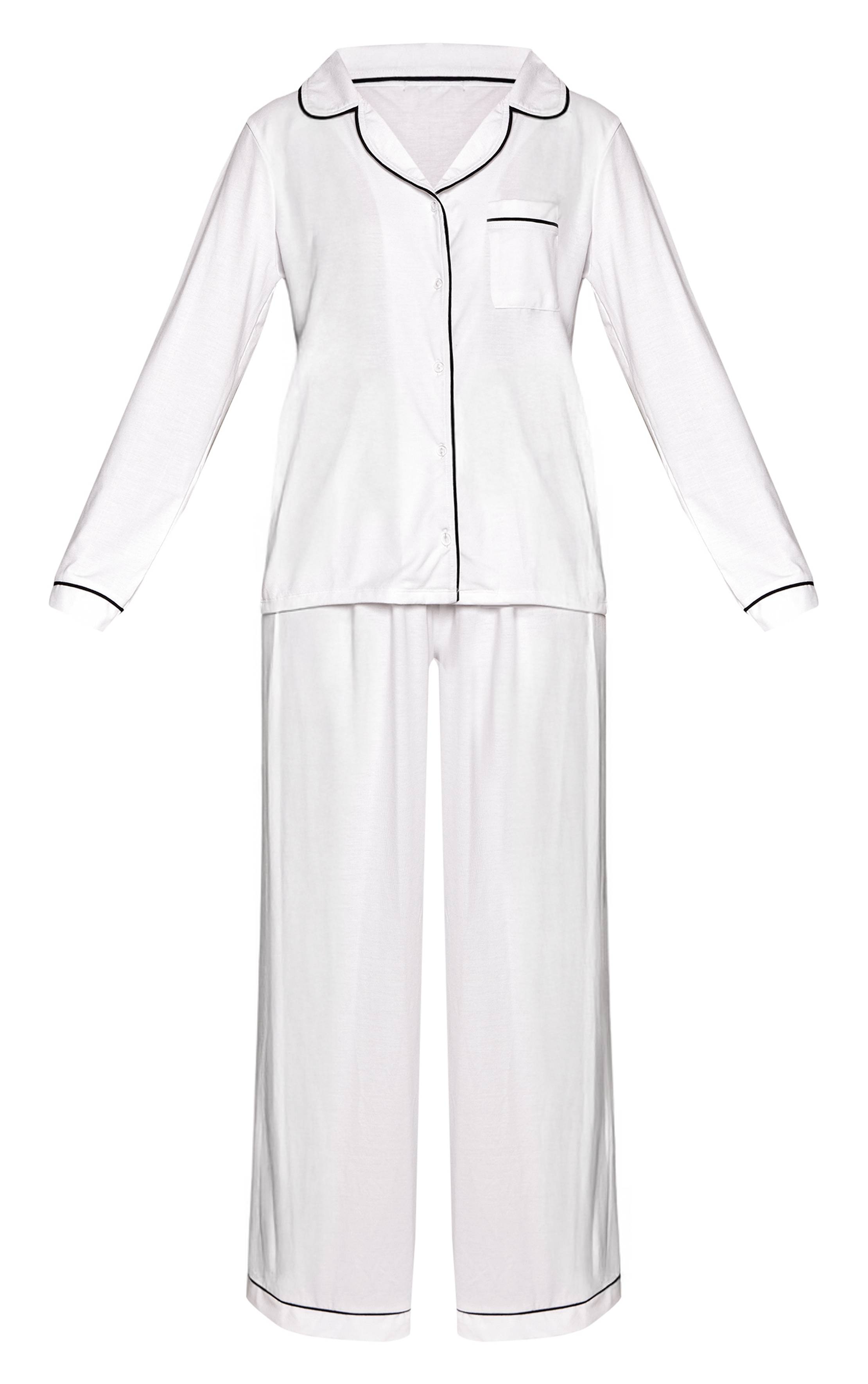 White Contrast Ensemble Pyjama Haut Manches Longues Et Pantalon En Jersey Doux Avec Passepoil