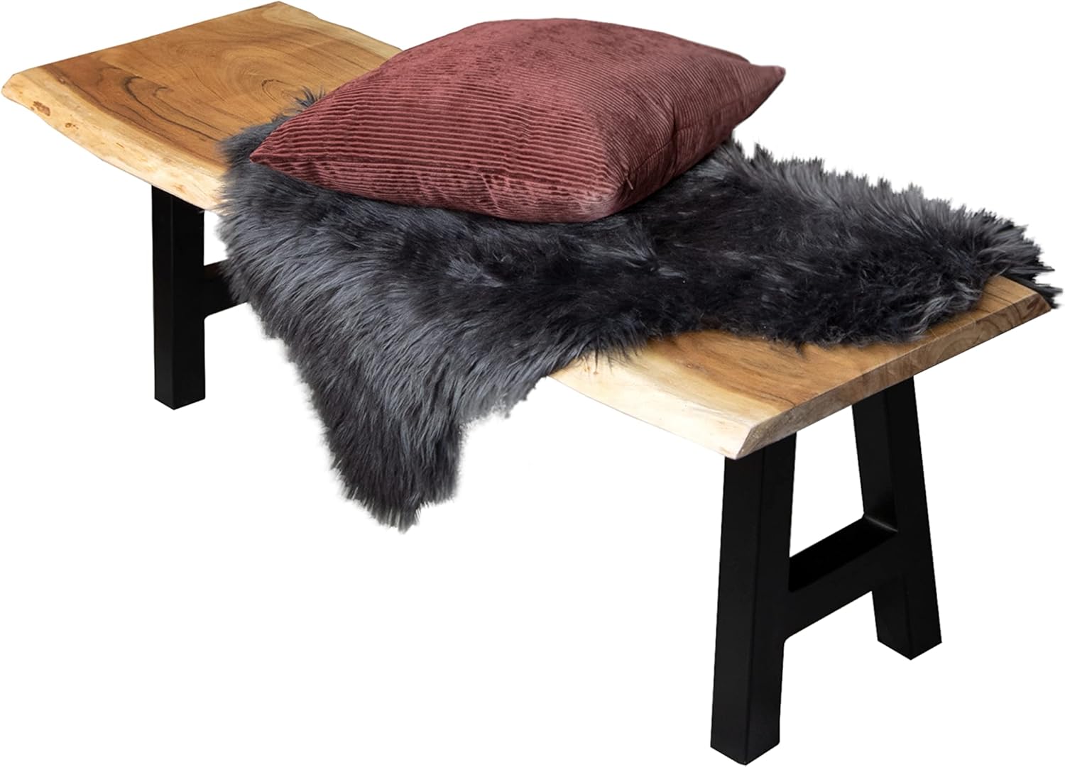 SAM Esszimmerbank 160x42 cm Quintus, Akazienholz massiv & naturfarben, echte Baumkante, Baumkantenbank mit A-Gestell Schwarz, Sitzbank mit 26 mm Platte