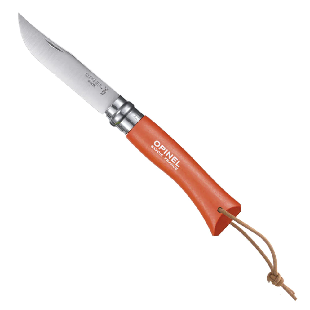 Couteau Baroudeur n°7 - lame 8 cm orange avec lien en cuir Opinel