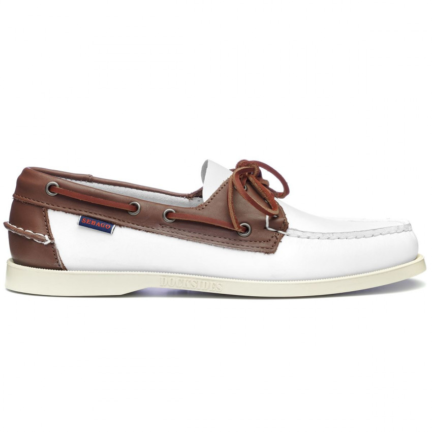 DOCKSIDES CUIR White Brown-Chaussures bateau pour homme en cuir blanc marron Portland