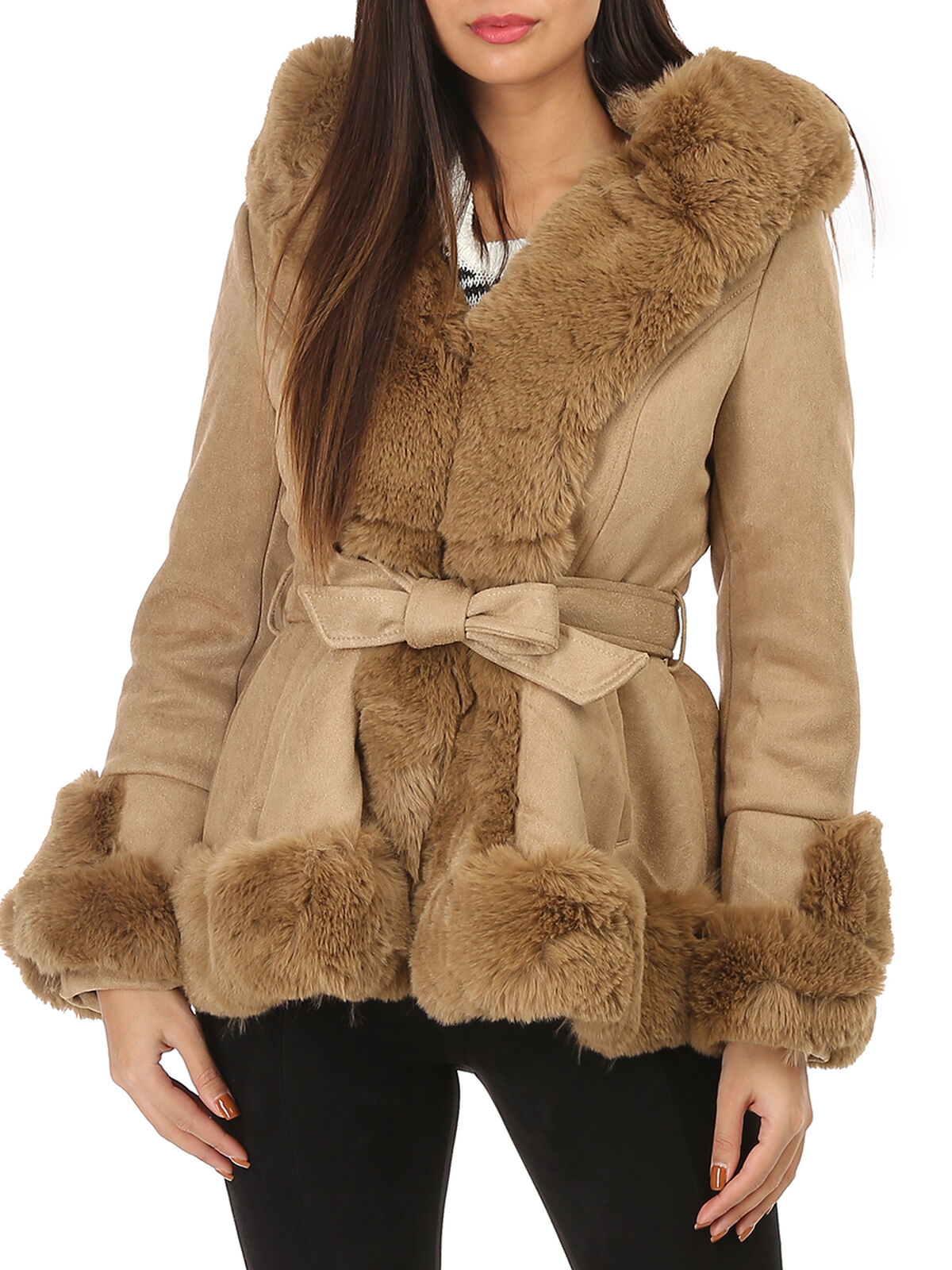 Manteau court en suédine et fourrure à capuche- Camel