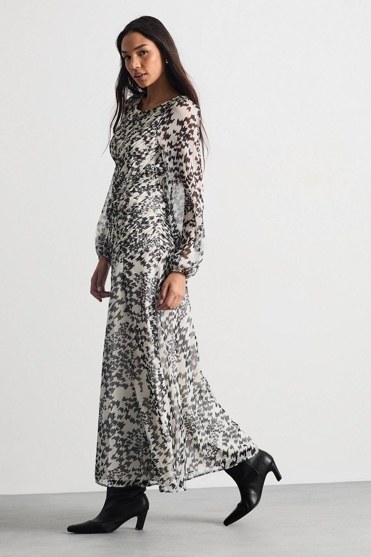 Warehouse Robe Midi Imprimée Pied-de-Poule avec Détail de Corsage Froncé