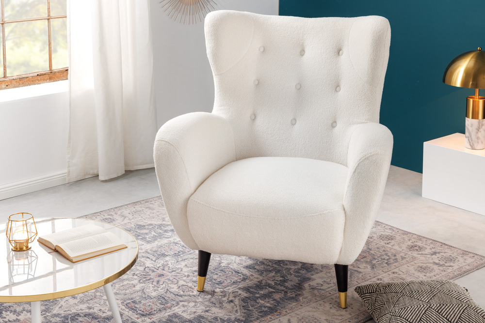 Retro Design Sessel DON weiß Bouclé Federkern goldene Fußkappen
