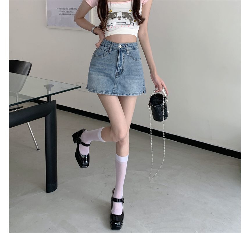 Notica - Hoge taille split gewassen denim skort