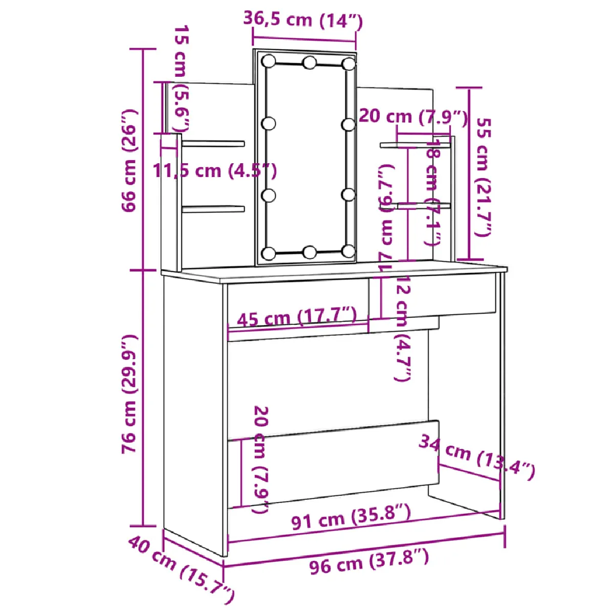 vidaXL Coiffeuse avec LED Chêne fumé 96x40x142 cm