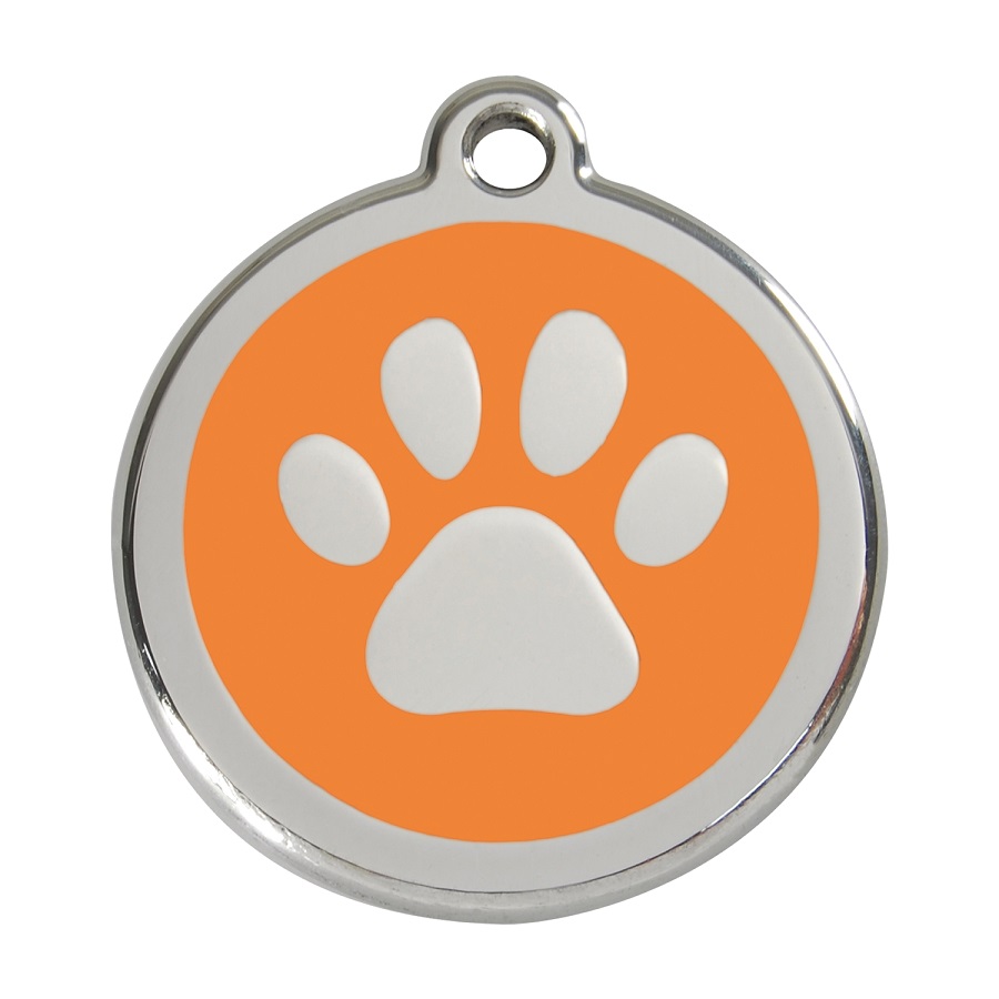 Etiqueta de identificação para cães em aço inoxidável esmaltado com impressão de pata, cor laranja.
