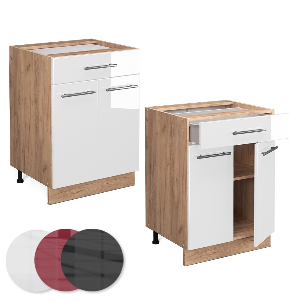 Vicco Schubunterschrank Küchenschrank Küchenmöbel Fame-Line Eiche Weiß modern 60 cm Küche Einbauküche Drehtür Schublade Einlegeboden Blende Küchenzeile Hochglanz