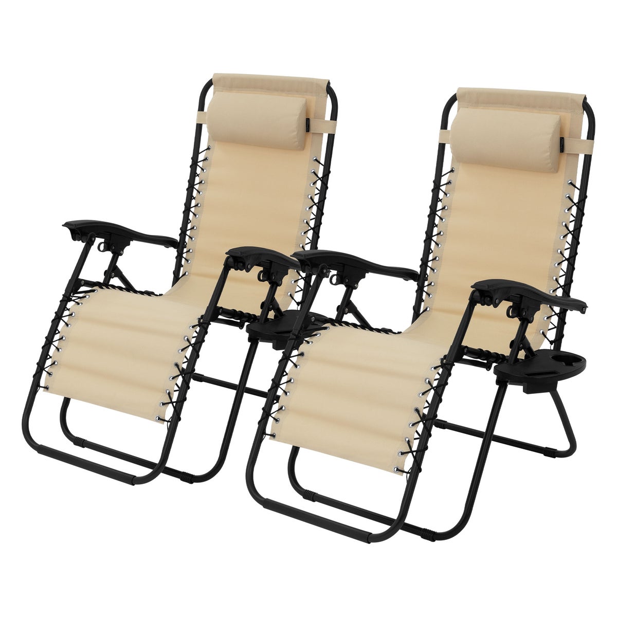 ML-Design Set van 2 opvouwbare ligstoelen, beige, ligstoel met verstelbare hoofdsteun en rugleuning, tuinligstoel met vetersysteem, zero gravity outdoor relaxstoel, tuinstoel met bekerhouder