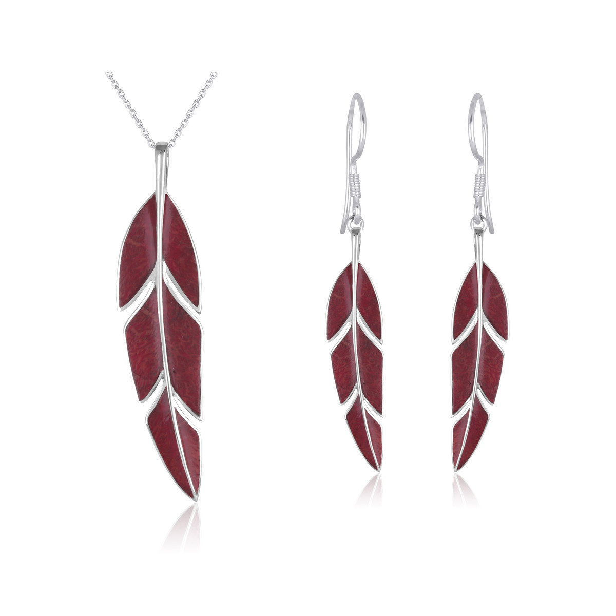 Bijoux de créateurs en argent, des boucles d'oreille-corail rouge-feuilles de bananier-Femme-rouge-disponible en parure avec le pendentif assorti