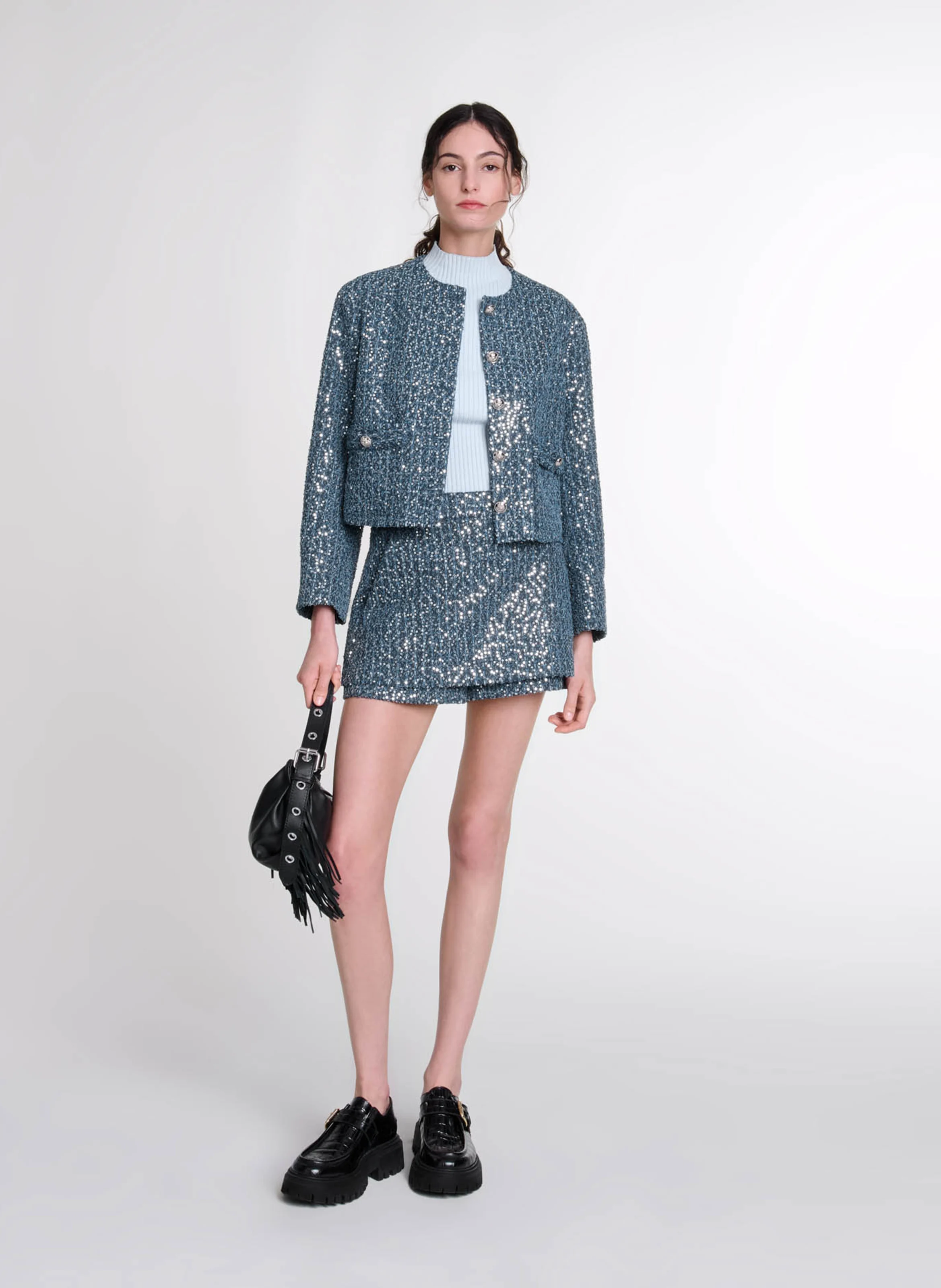 Veste courte effet tweed à sequins | Bleu