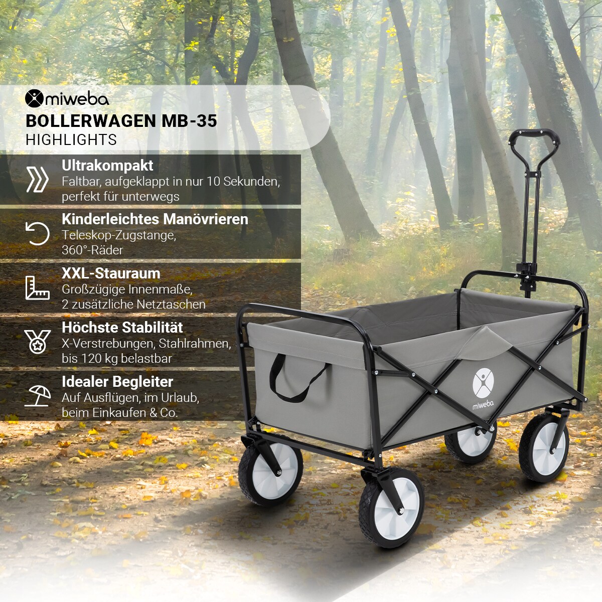 Miweba Bollerwagen MB-35, faltbar, bis 120 kg, Teleskop-Lenkstange, 360°-Räder, Tasche, Stahlrahmen (Grau)