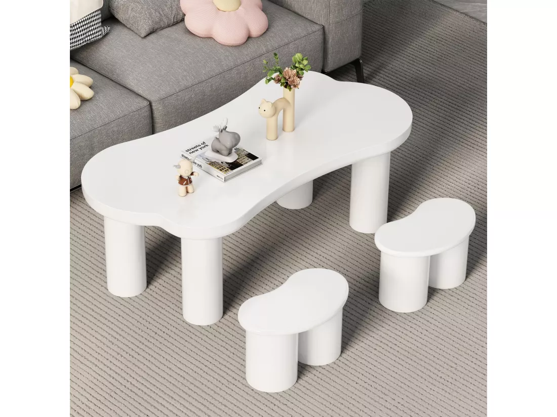 Table basse asymétrique avec 2 tabourets - en MDF + pieds en PVC - 113x58x40.5cm - Blanc