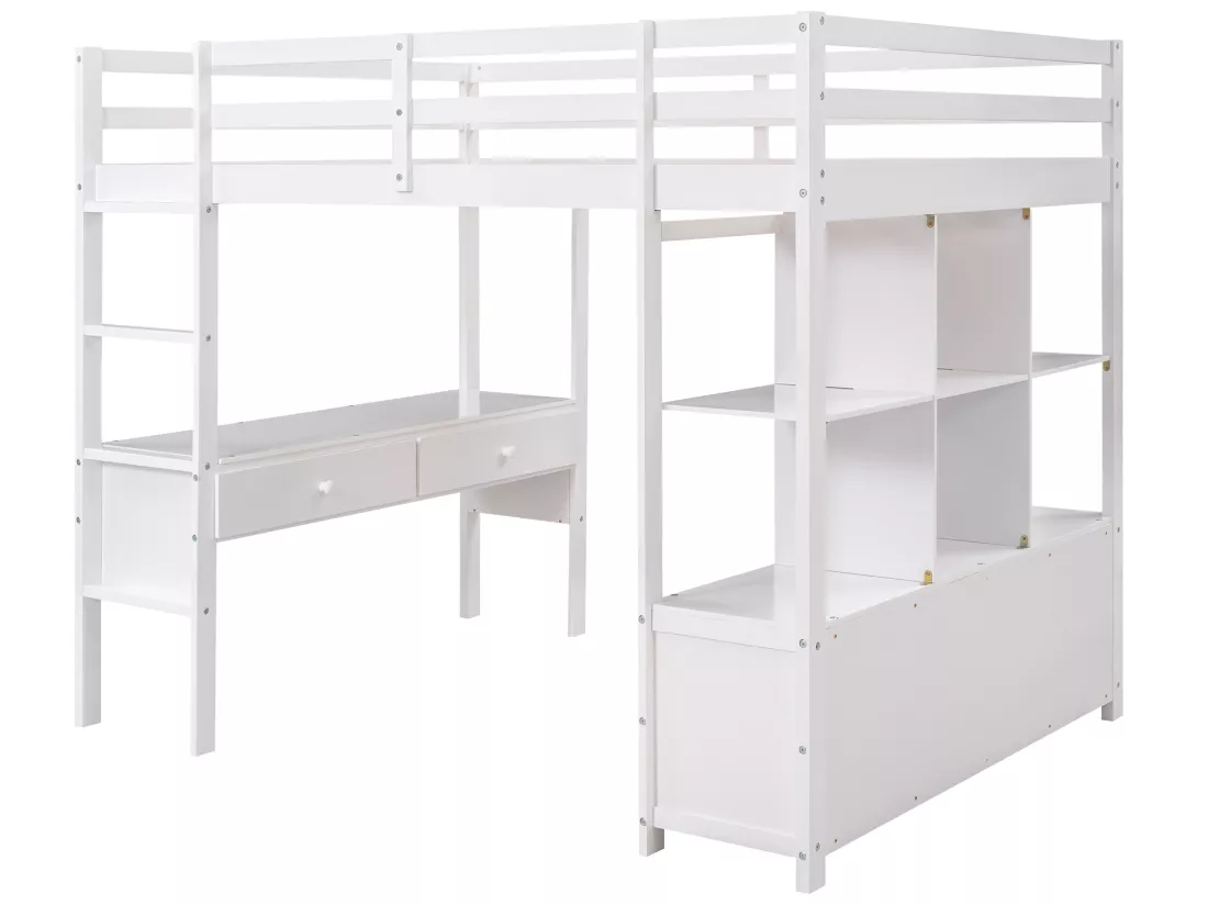 Lit mezzanine 140 x 200 cm pour enfant - bureau et tiroirs - pin - blanc