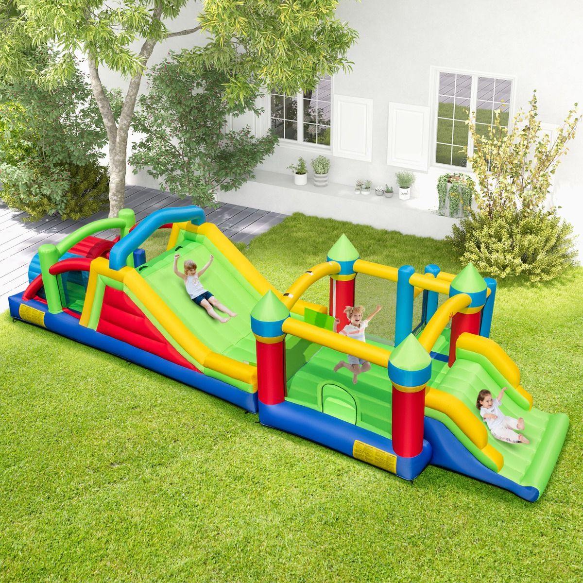 Château Gonflable pour 4 Enfants avec 2 Toboggans Tunnels Zone de Rebond Escalade Obstacles Maison de Jeu avec Souffleur de 680 W - Lidl-Manfred