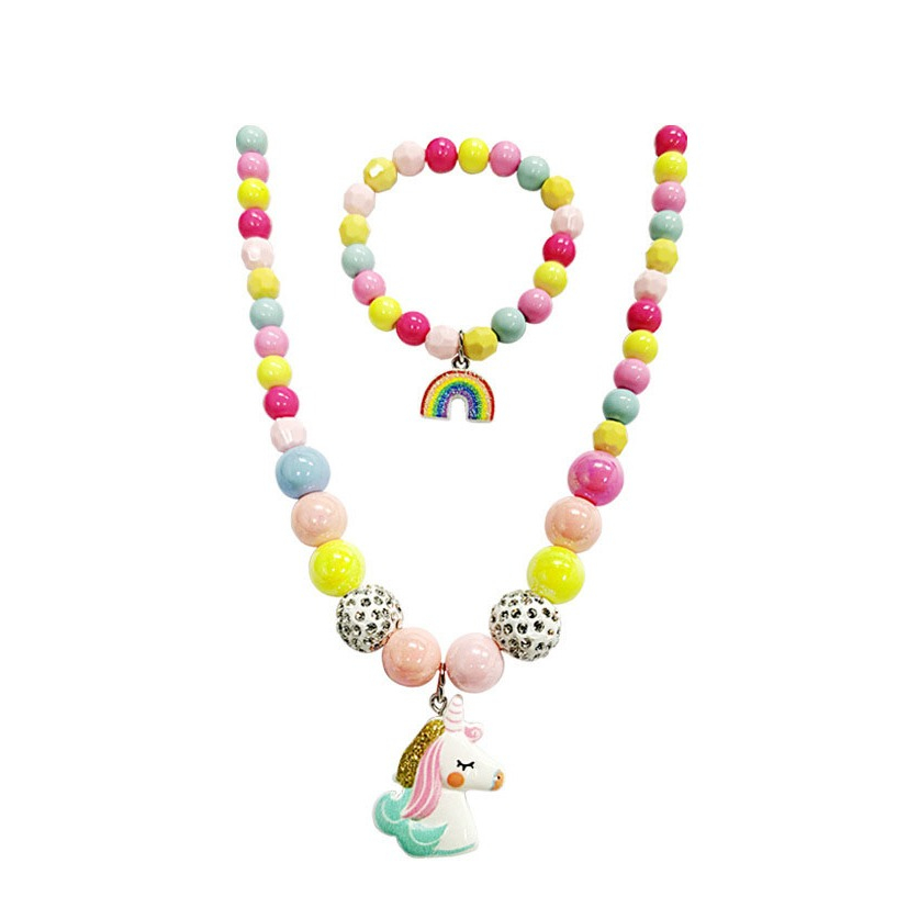 (2-tlg. Set) Kinder Perlen Armband Schmuck Regenbogen Halskette im Einhorn Design - Bunt